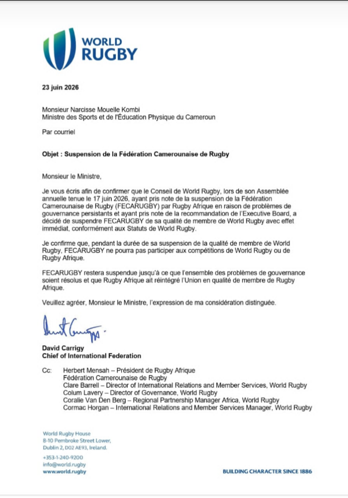 Rugby : World Rugby suspend officiellement la Fédération camerounaise screenshot 20260624 184926